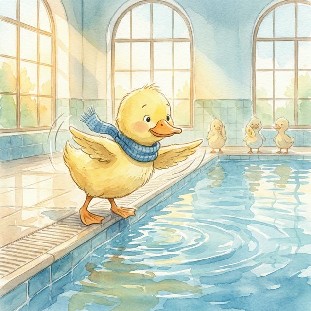 Aquarell-Illustration: eine kleine Ente mit blauem Schal steht im Hallenbad am Beckenrand und schaut ins Wasser